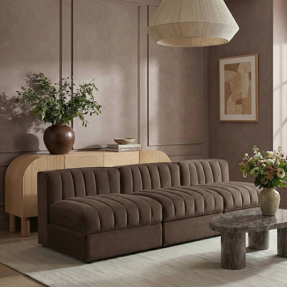 Rummi Brown Velvet Performance Fabric Upholstered 3pc. Modular Sofa