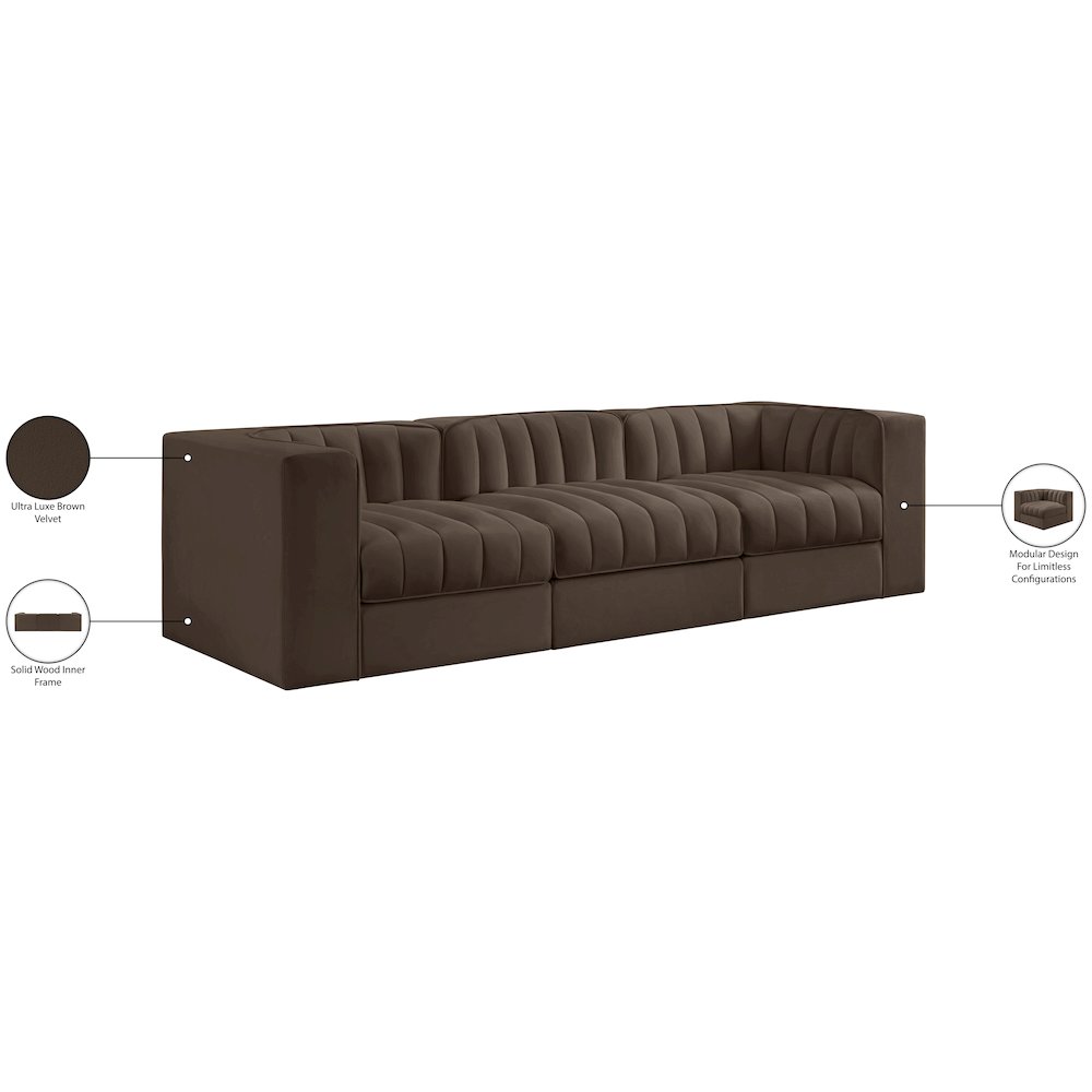 Rummi Brown Velvet Performance Fabric Upholstered 3pc. Modular Sofa