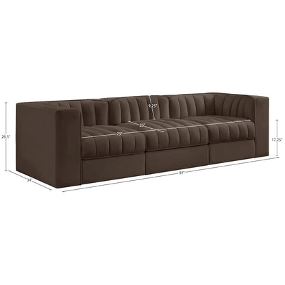 Rummi Brown Velvet Performance Fabric Upholstered 3pc. Modular Sofa