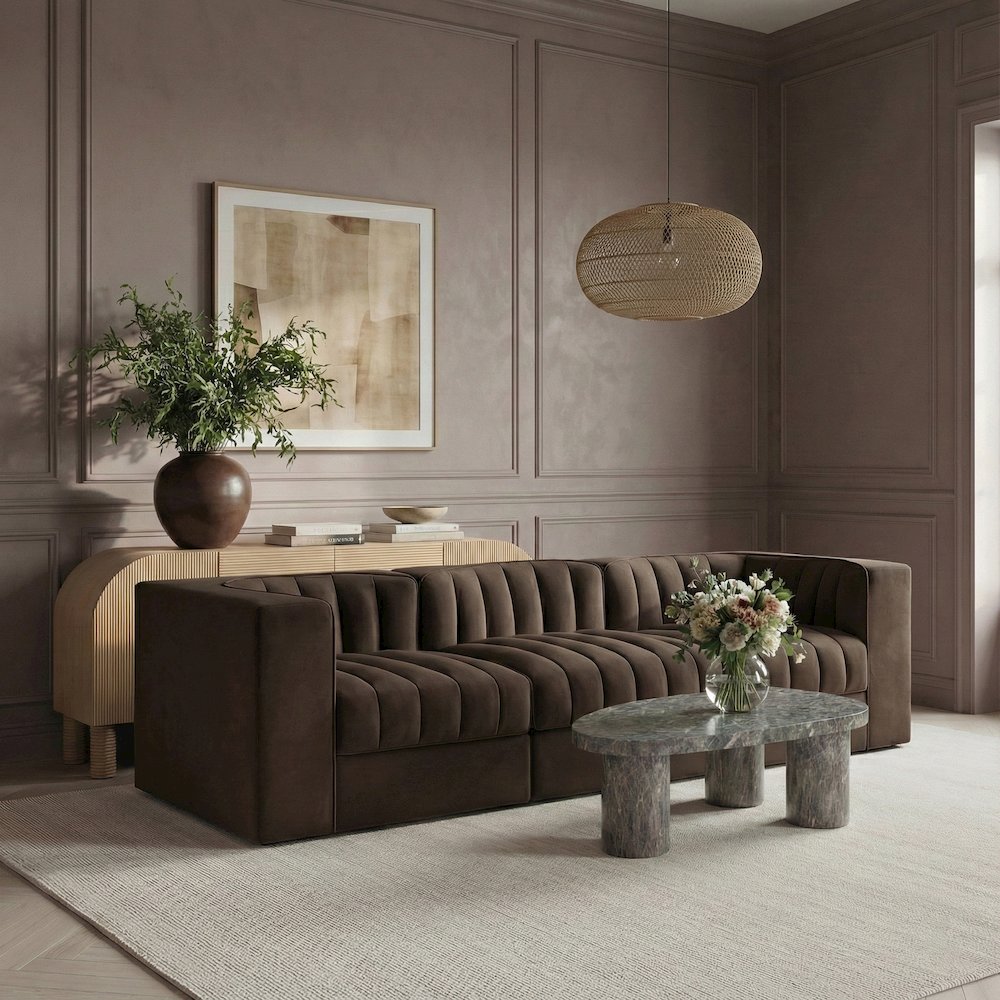Rummi Brown Velvet Performance Fabric Upholstered 3pc. Modular Sofa