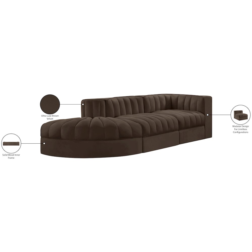 Rummi Brown Velvet Performance Fabric Upholstered 3pc. Modular Sectional