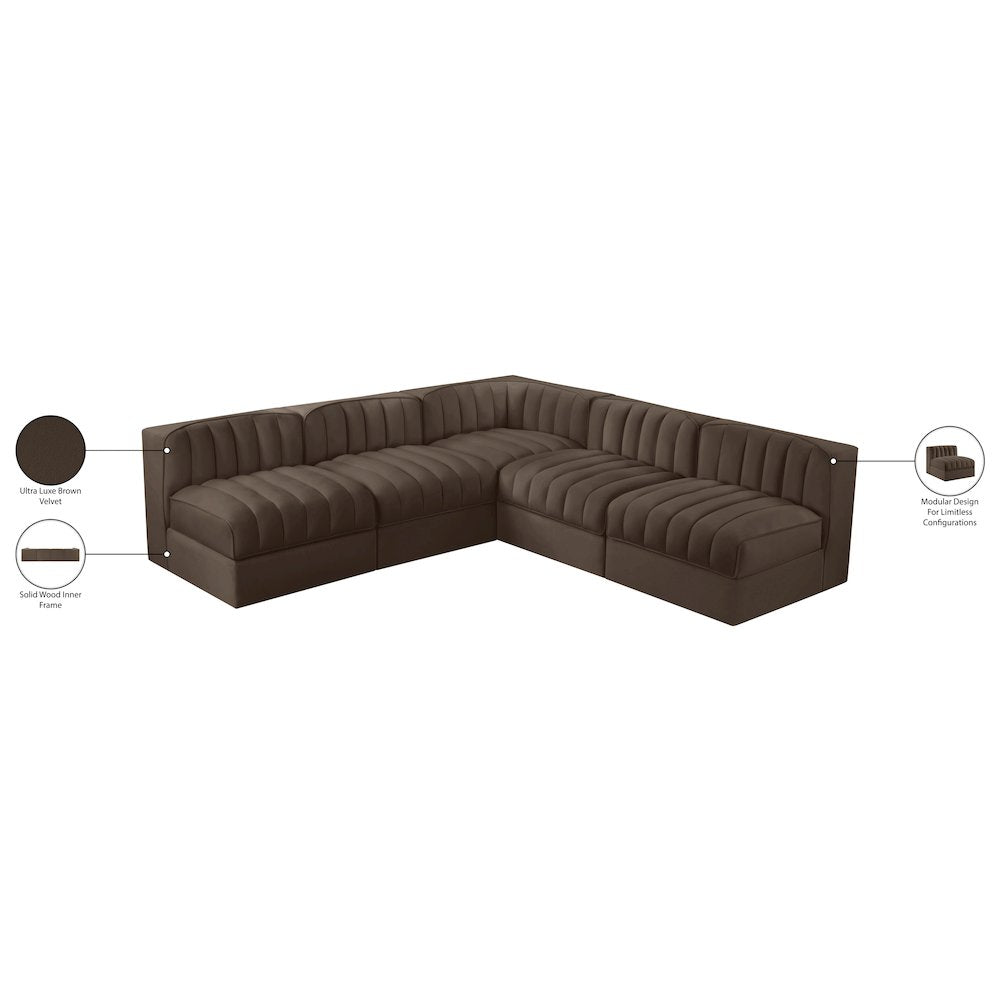 Rummi Brown Velvet Performance Fabric Upholstered 5pc. Modular Sectional