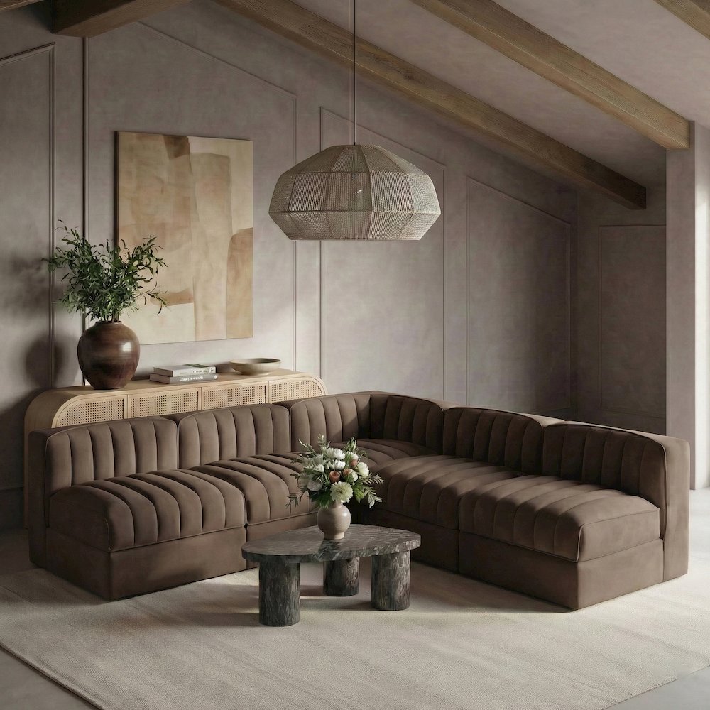 Rummi Brown Velvet Performance Fabric Upholstered 5pc. Modular Sectional