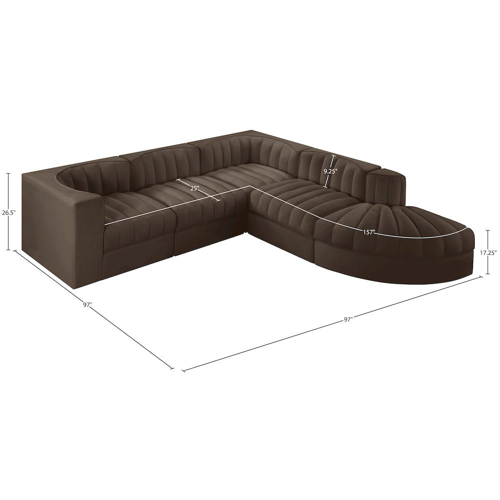 Rummi Brown Velvet Performance Fabric Upholstered 5pc. Modular Sectional