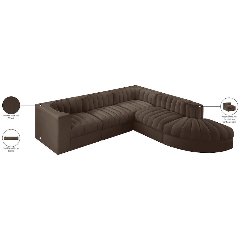 Rummi Brown Velvet Performance Fabric Upholstered 5pc. Modular Sectional