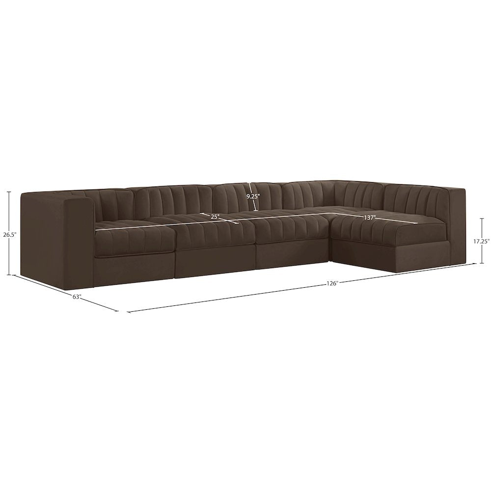 Rummi Brown Velvet Performance Fabric Upholstered 5pc. Modular Sectional