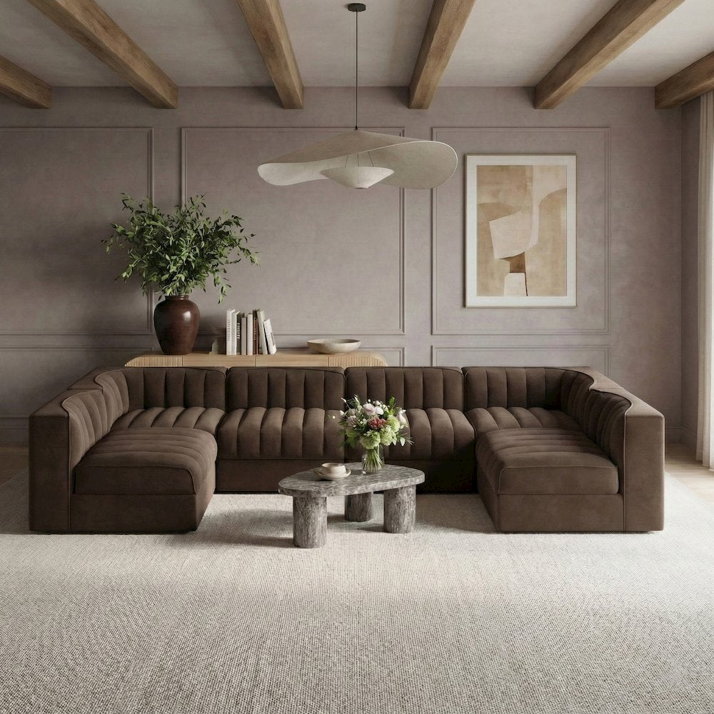 Rummi Brown Velvet Performance Fabric Upholstered 6pc. Modular Sectional