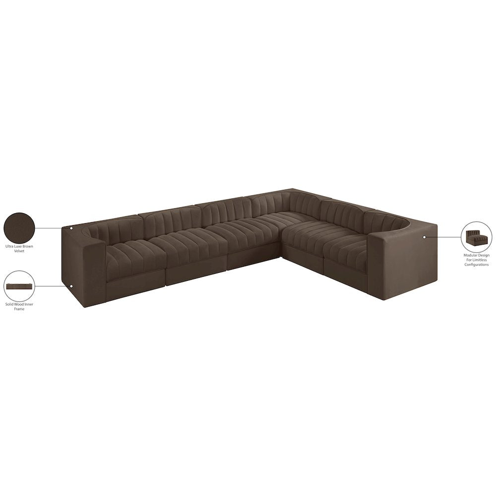 Rummi Brown Velvet Performance Fabric Upholstered 6pc. Modular Sectional