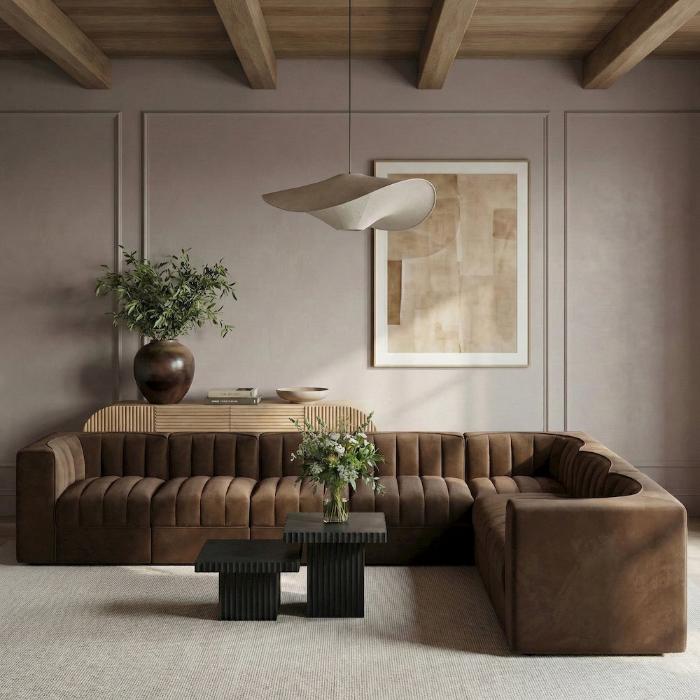 Rummi Brown Velvet Performance Fabric Upholstered 7pc. Modular Sectional