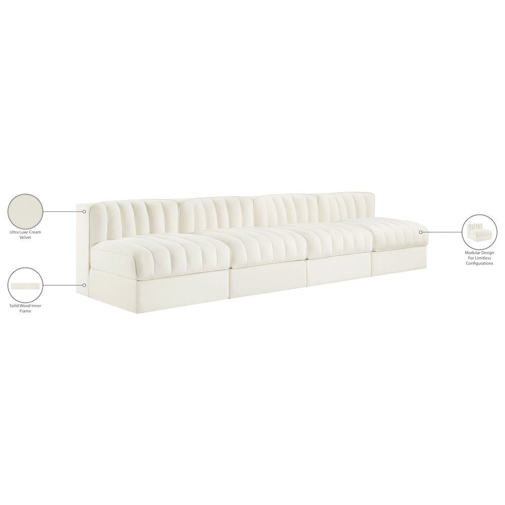 Rummi Cream Velvet Performance Fabric Upholstered 4pc. Modular Sofa