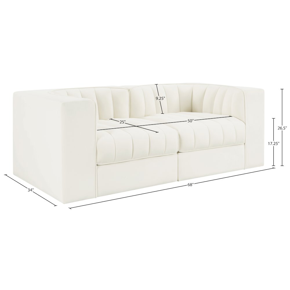 Rummi Cream Velvet Performance Fabric Upholstered 2pc. Modular Loveseat