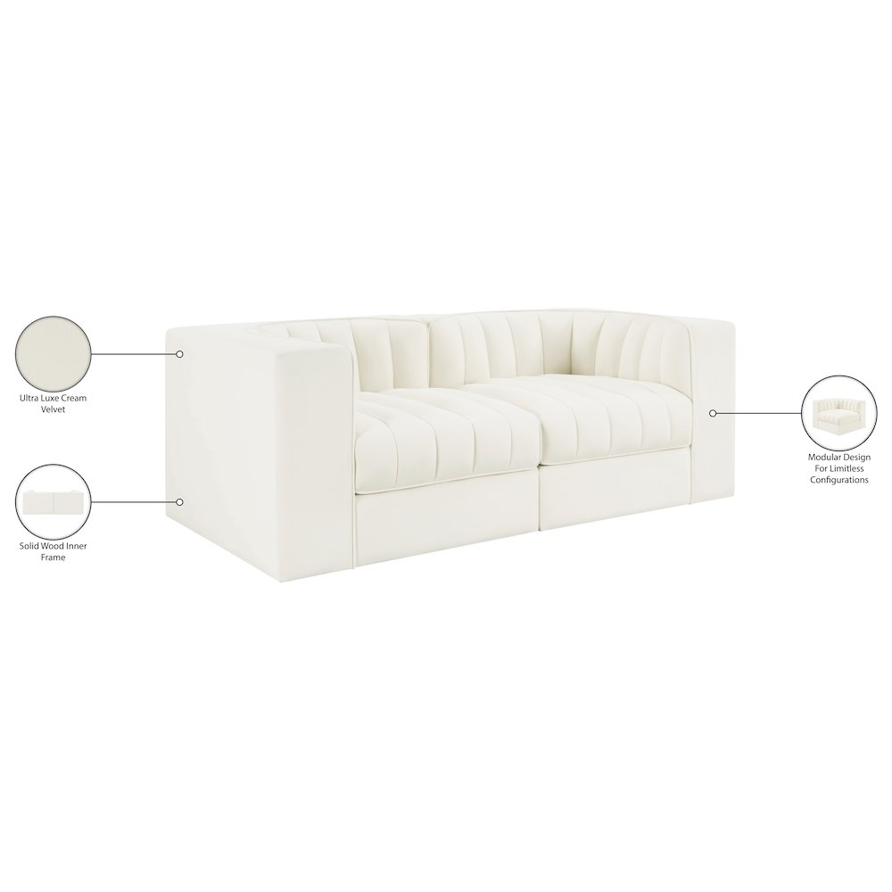 Rummi Cream Velvet Performance Fabric Upholstered 2pc. Modular Loveseat
