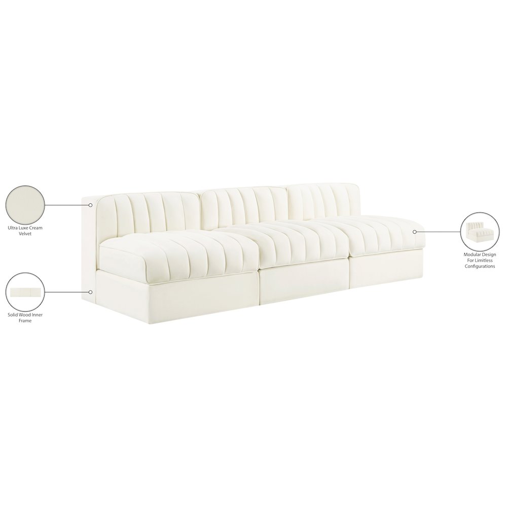 Rummi Cream Velvet Performance Fabric Upholstered 3pc. Modular Sofa