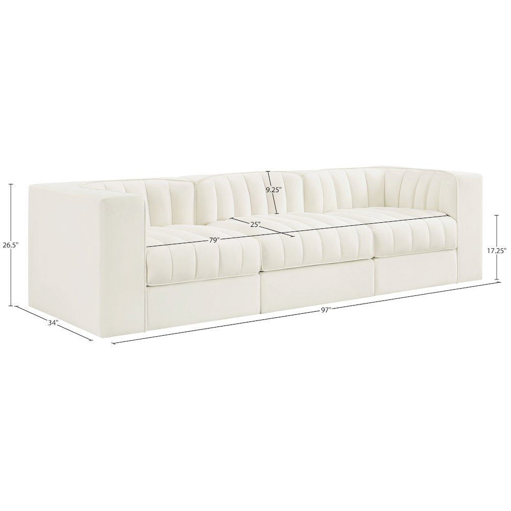 Rummi Cream Velvet Performance Fabric Upholstered 3pc. Modular Sofa