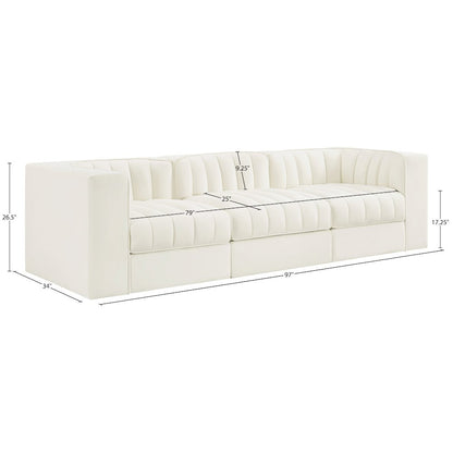 Rummi Cream Velvet Performance Fabric Upholstered 3pc. Modular Sofa