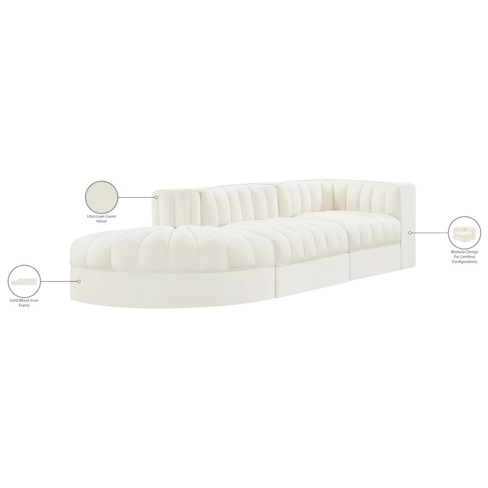 Rummi Cream Velvet Performance Fabric Upholstered 3pc. Modular Sectional