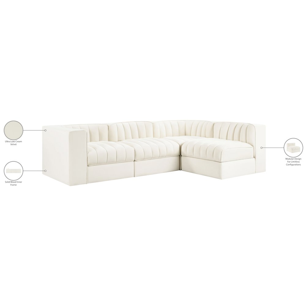Rummi Cream Velvet Performance Fabric Upholstered 4pc. Modular Sectional