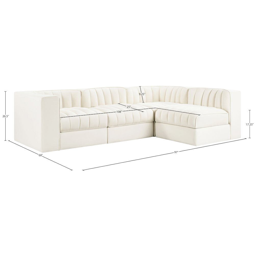 Rummi Cream Velvet Performance Fabric Upholstered 4pc. Modular Sectional