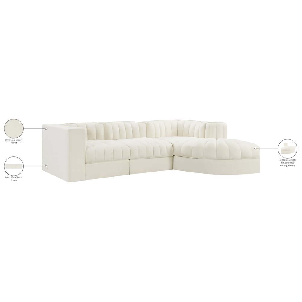 Rummi Cream Velvet Performance Fabric Upholstered 4pc. Modular Sectional