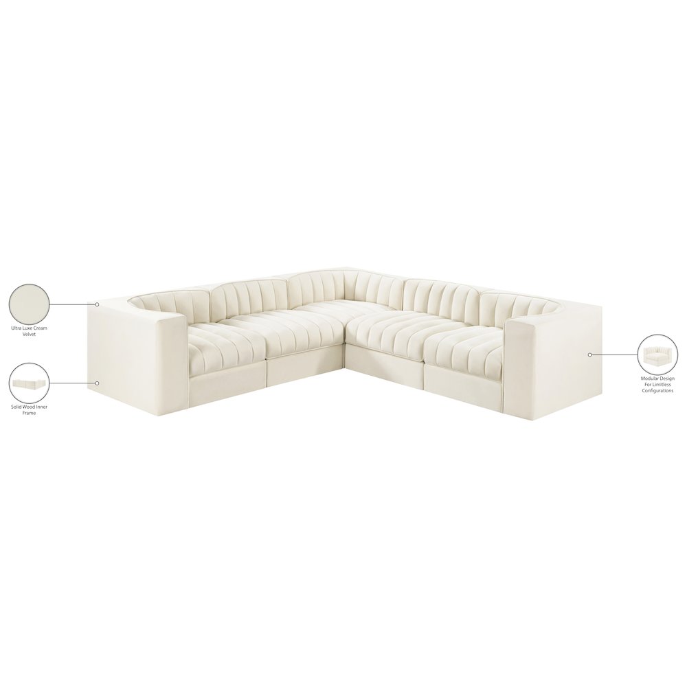Rummi Cream Velvet Performance Fabric Upholstered 5pc. Modular Sectional