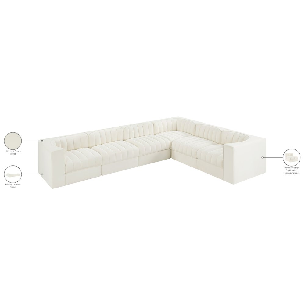Rummi Cream Velvet Performance Fabric Upholstered 6pc. Modular Sectional
