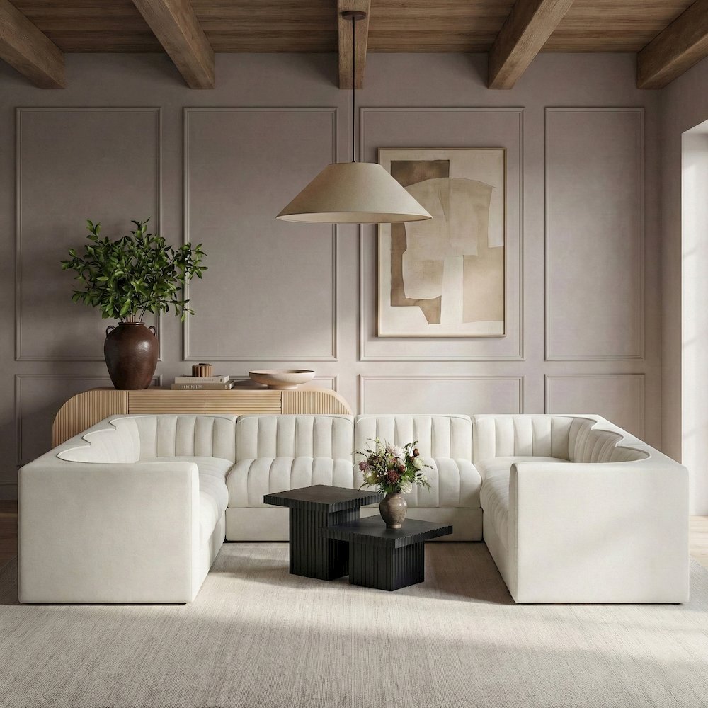 Rummi Cream Velvet Performance Fabric Upholstered 8pc.Modular Sectional