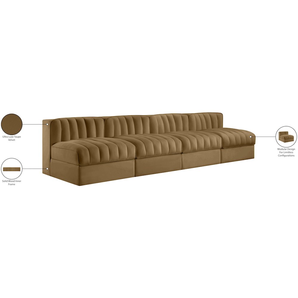 Rummi Saddle Velvet Performance Fabric Upholstered 4pc. Modular Sofa