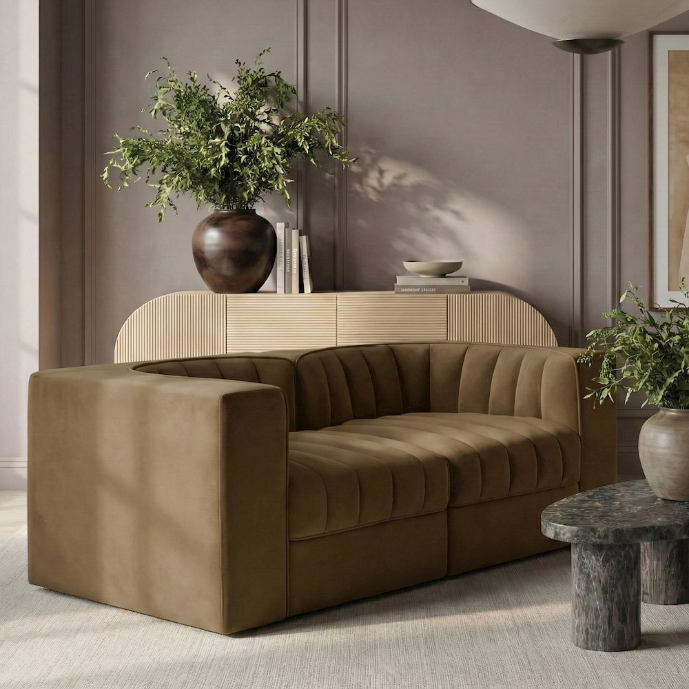 Rummi Saddle Velvet Performance Fabric Upholstered 2pc. Modular Loveseat