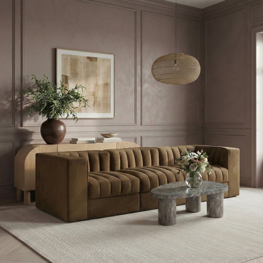 Rummi Saddle Velvet Performance Fabric Upholstered 3pc. Modular Sofa