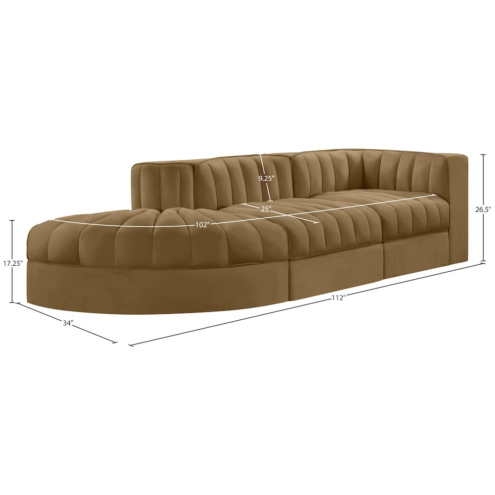 Rummi Saddle Velvet Performance Fabric Upholstered 3pc. Modular Sectional