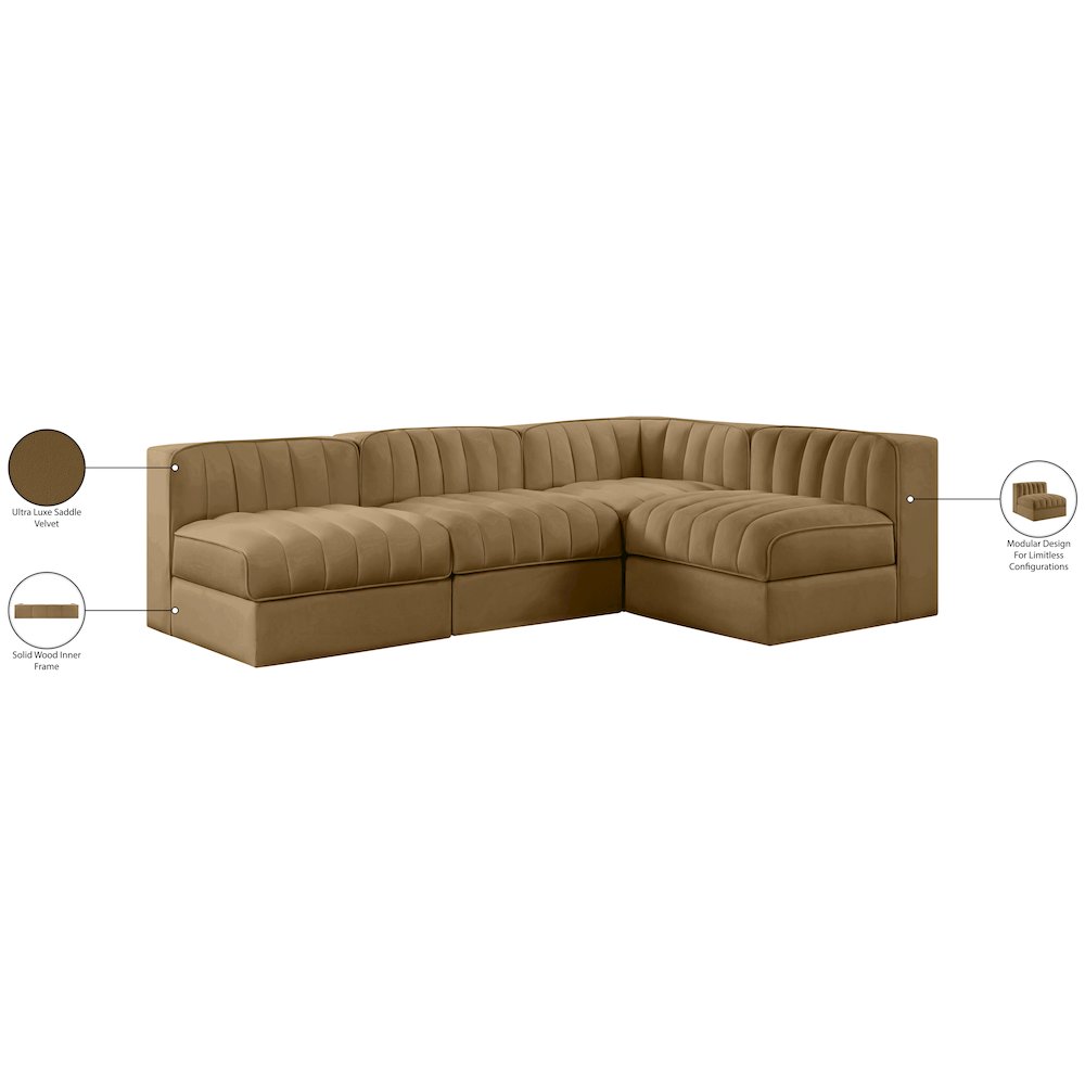 Rummi Saddle Velvet Performance Fabric Upholstered 4pc. Modular Sectional