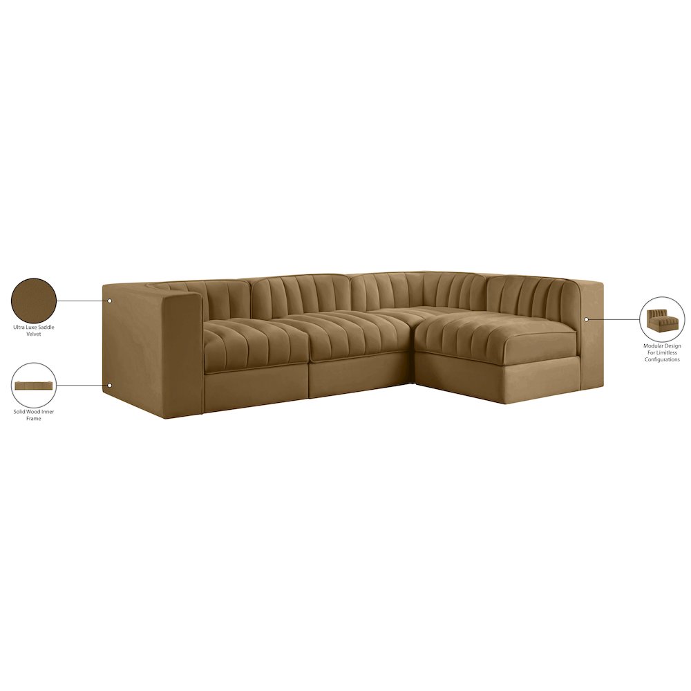 Rummi Saddle Velvet Performance Fabric Upholstered 4pc. Modular Sectional