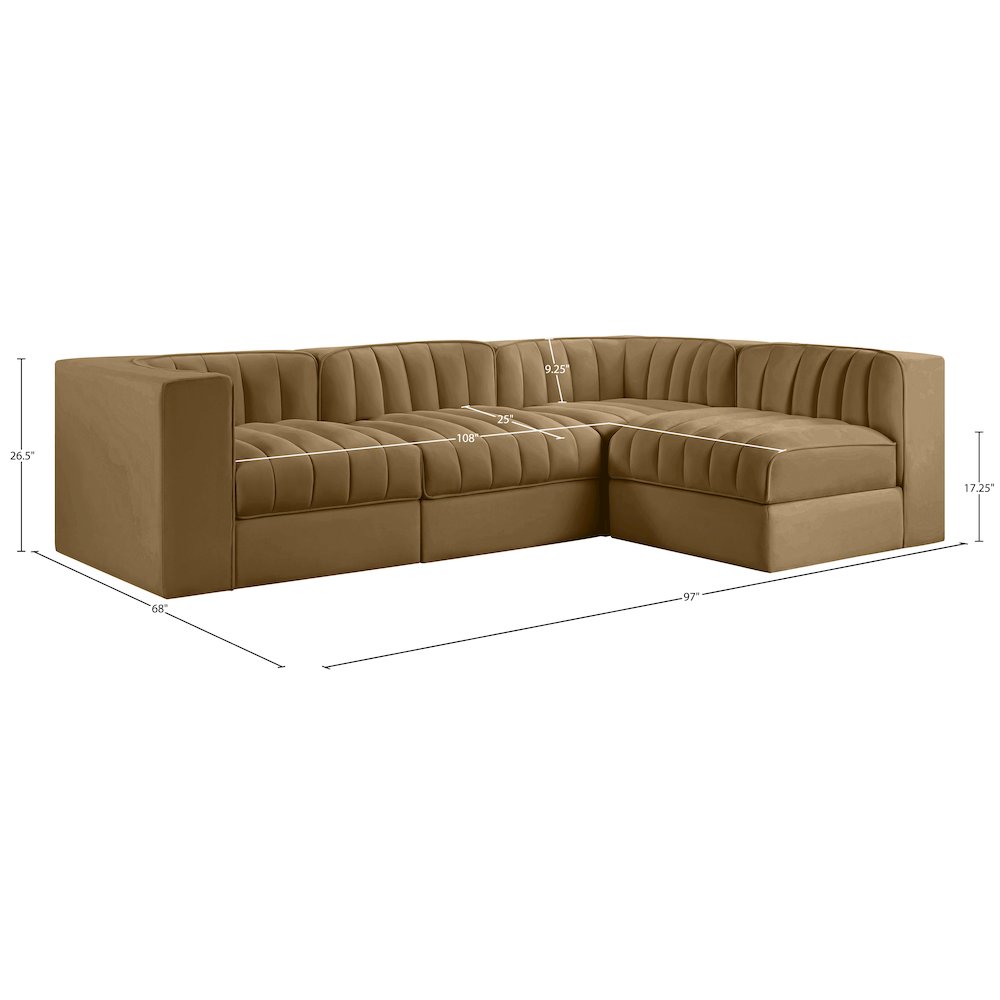 Rummi Saddle Velvet Performance Fabric Upholstered 4pc. Modular Sectional