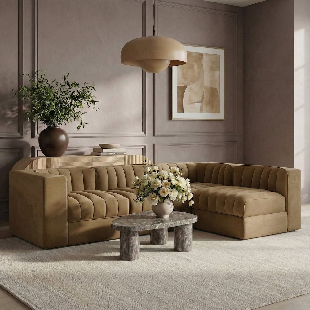 Rummi Saddle Velvet Performance Fabric Upholstered 4pc. Modular Sectional