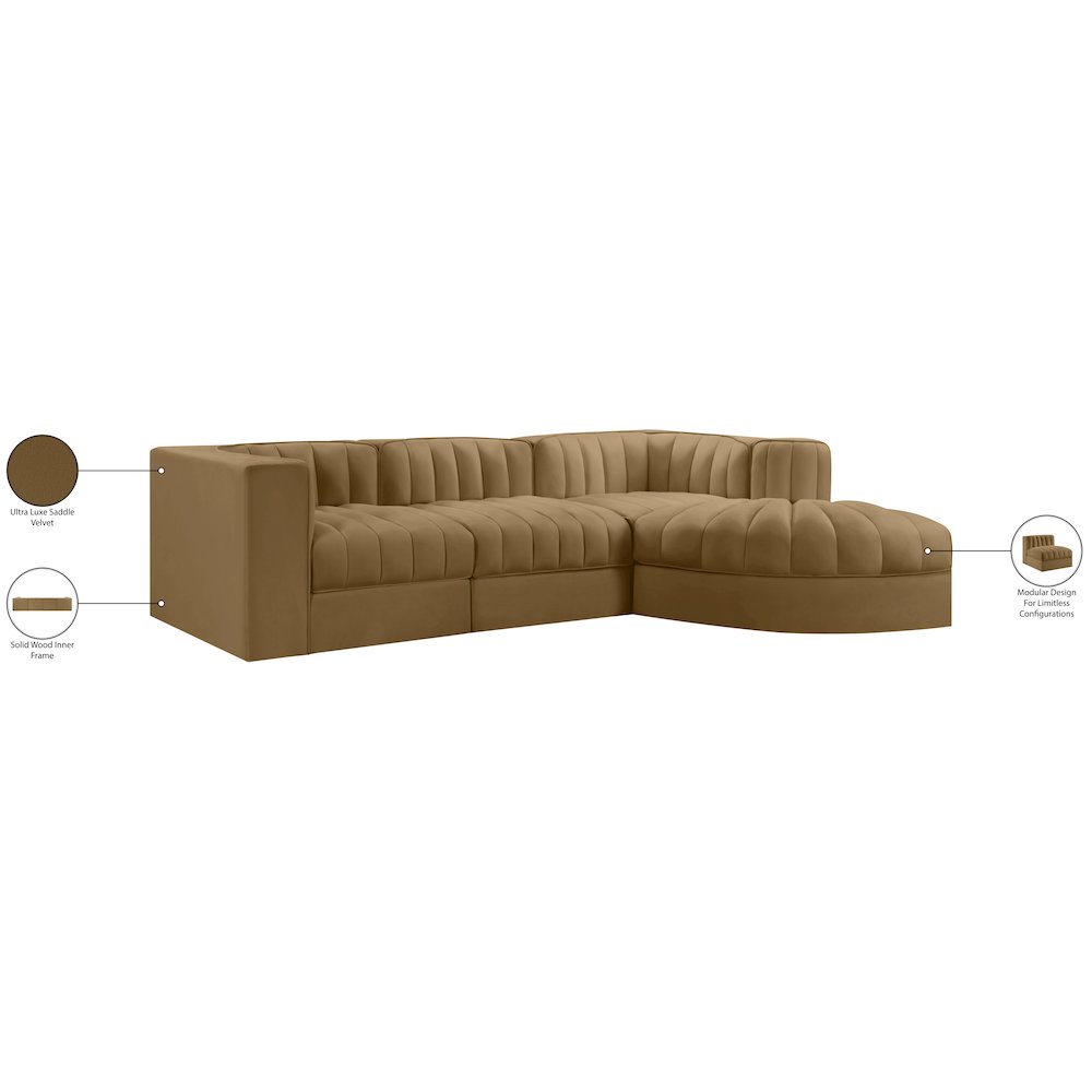 Rummi Saddle Velvet Performance Fabric Upholstered 4pc. Modular Sectional