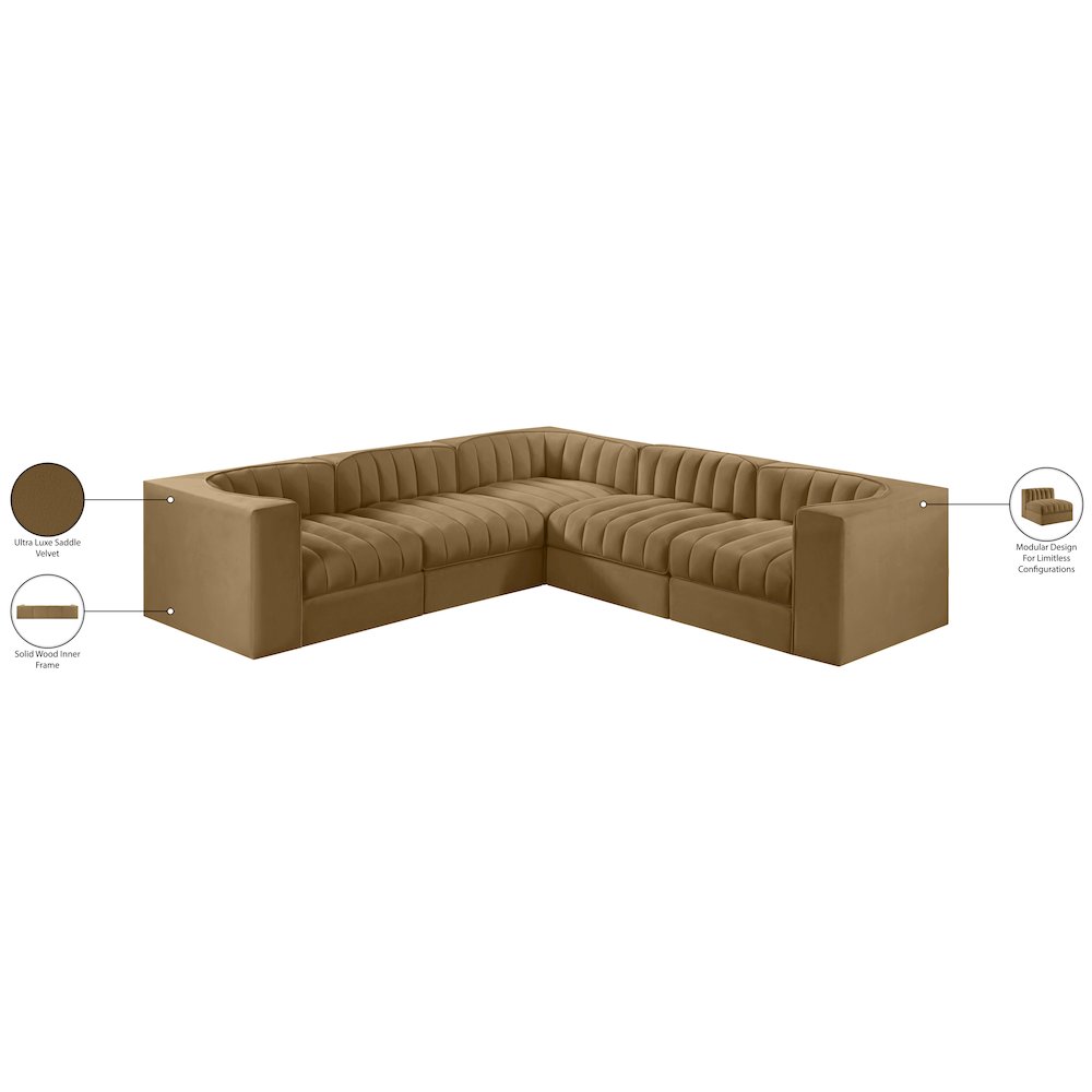 Rummi Saddle Velvet Performance Fabric Upholstered 5pc. Modular Sectional