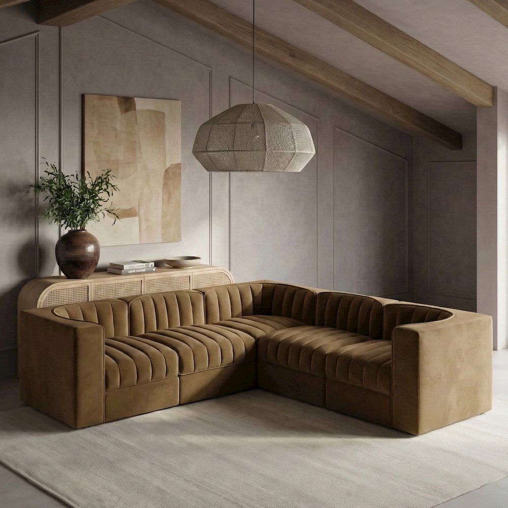 Rummi Saddle Velvet Performance Fabric Upholstered 5pc. Modular Sectional