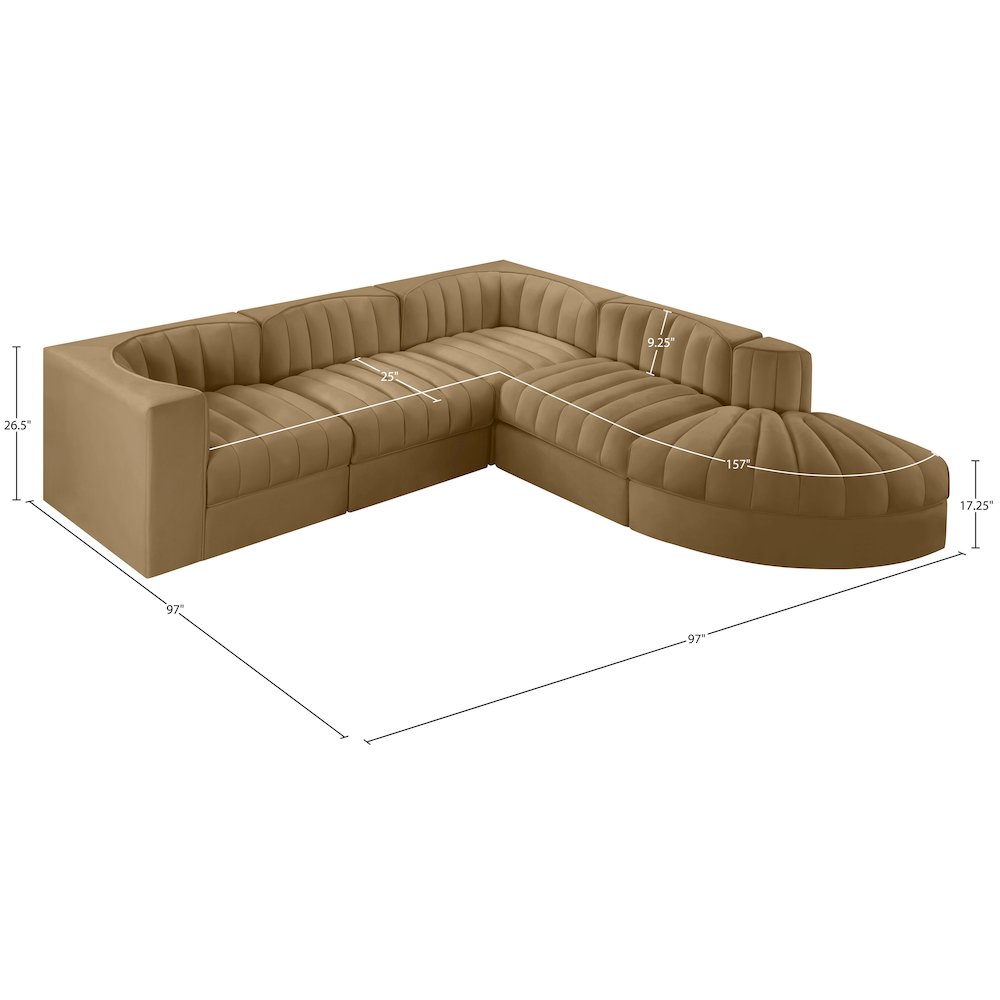Rummi Saddle Velvet Performance Fabric Upholstered 5pc. Modular Sectional