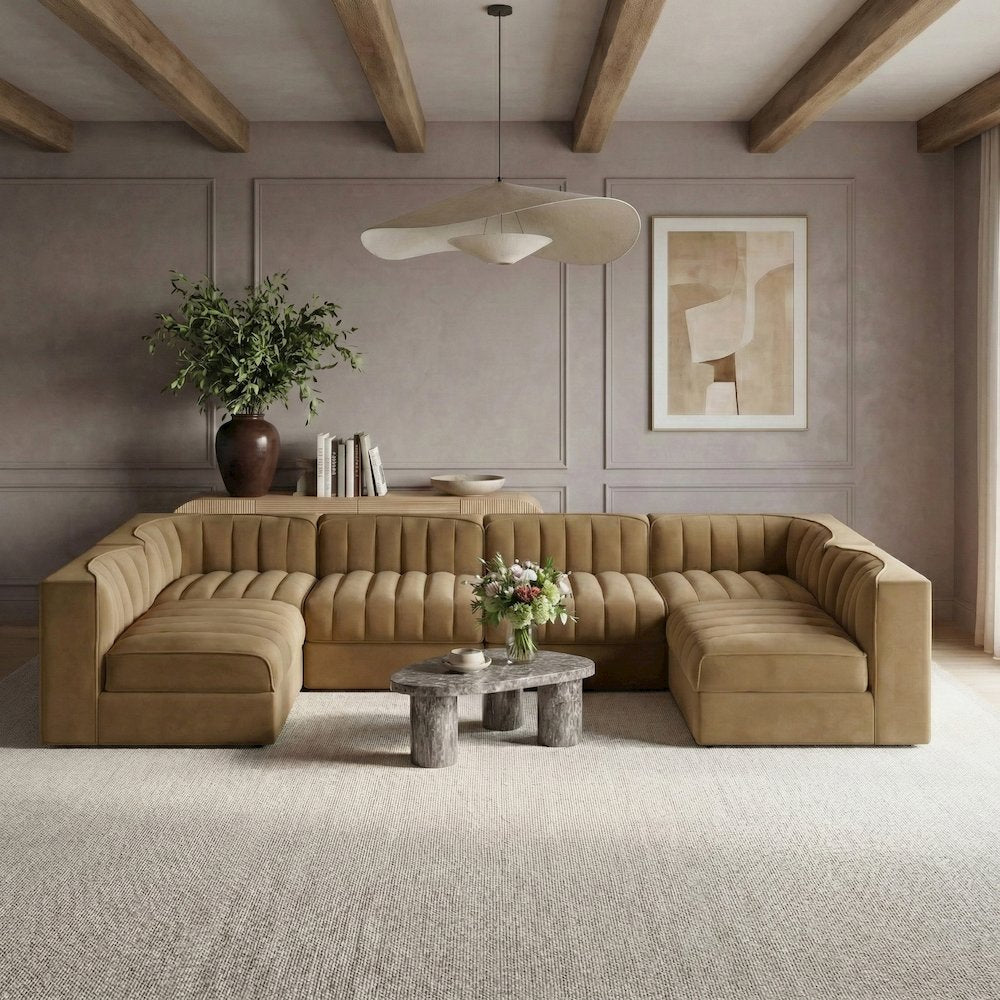 Rummi Saddle Velvet Performance Fabric Upholstered 6pc. Modular Sectional