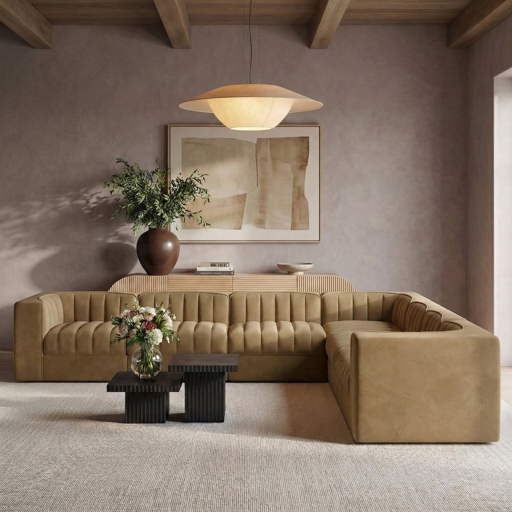 Rummi Saddle Velvet Performance Fabric Upholstered 7pc. Modular Sectional