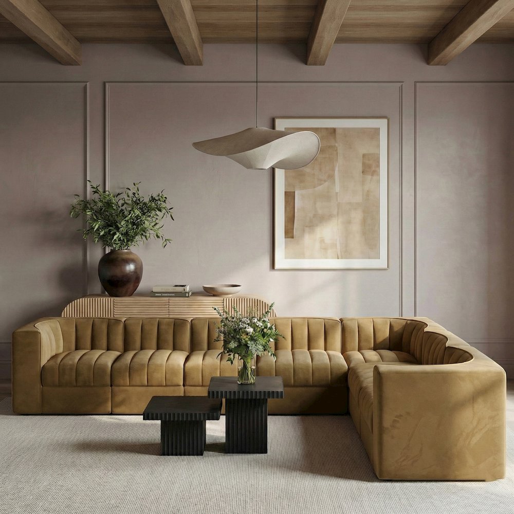 Rummi Saddle Velvet Performance Fabric Upholstered 7pc. Modular Sectional