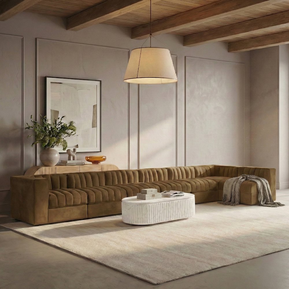 Rummi Saddle Velvet Performance Fabric Upholstered 7pc. Modular Sectional