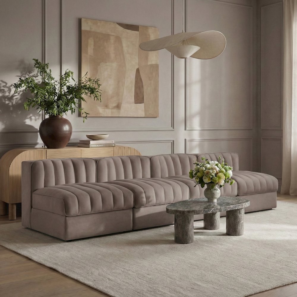 Rummi Taupe Velvet Performance Fabric Upholstered 4pc. Modular Sofa