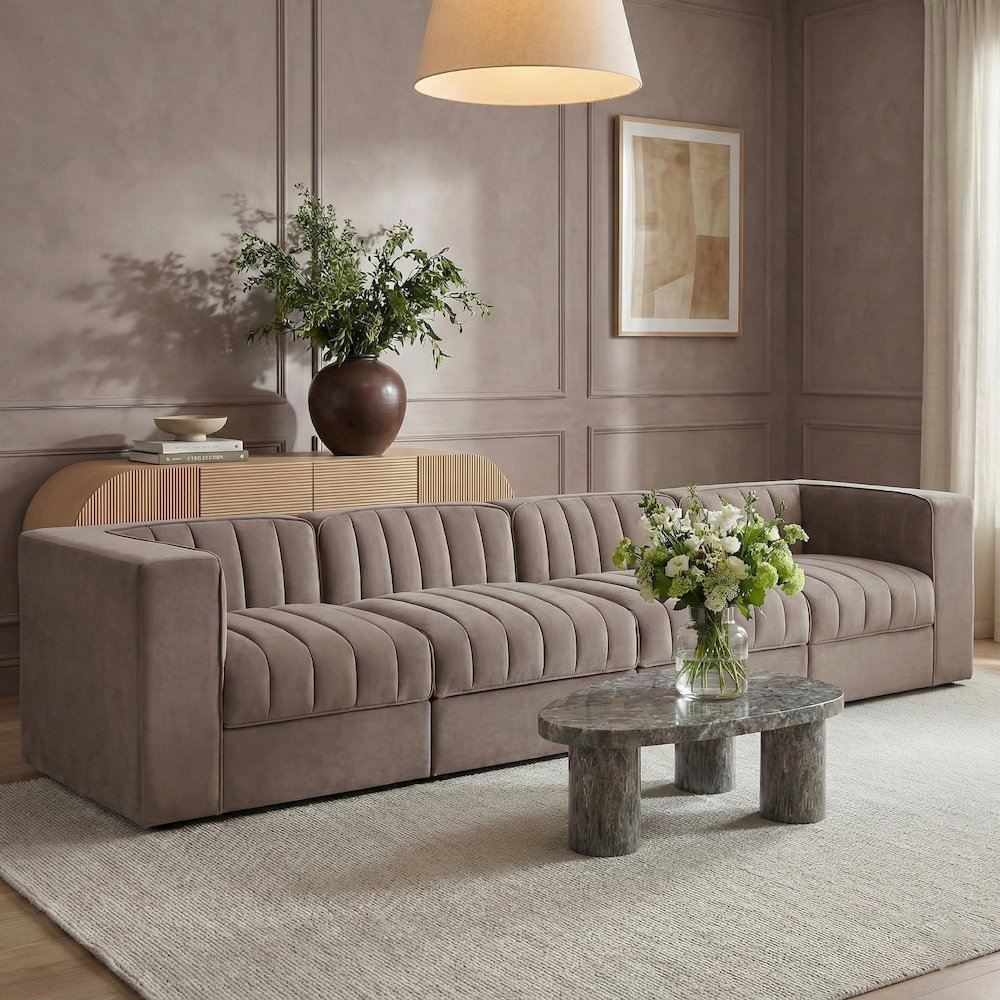 Rummi Taupe Velvet Performance Fabric Upholstered 4pc. Modular Sofa