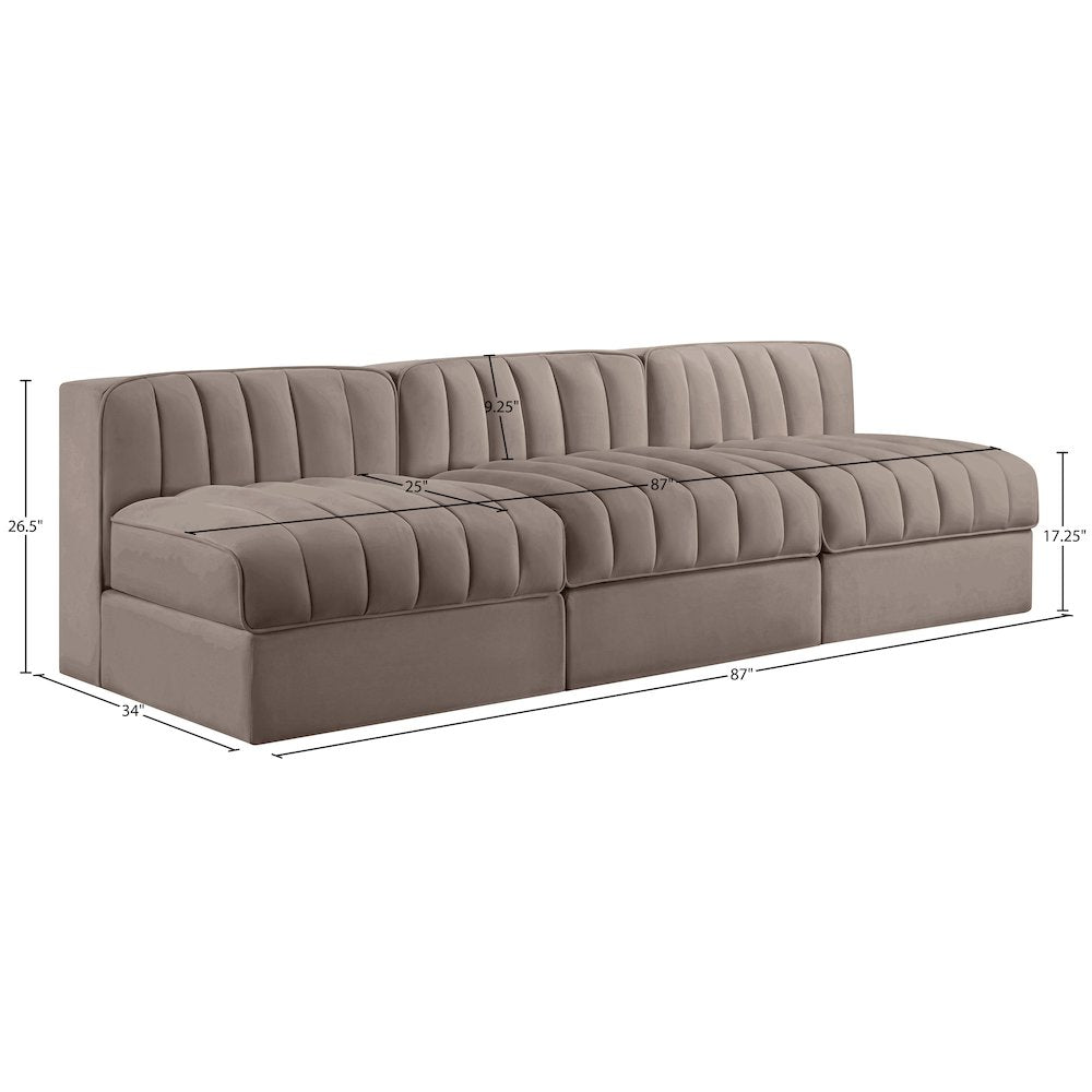 Rummi Taupe Velvet Performance Fabric Upholstered 3pc. Modular Sofa