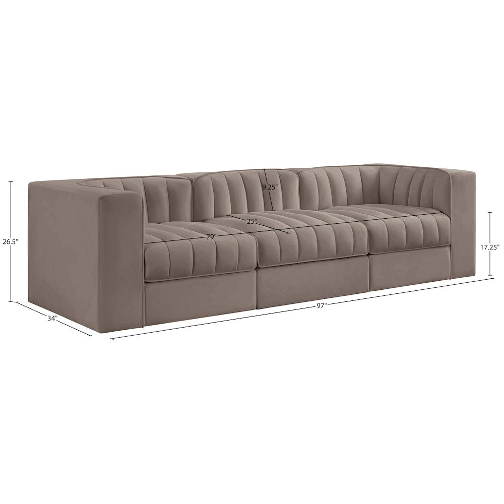 Rummi Taupe Velvet Performance Fabric Upholstered 3pc. Modular Sofa