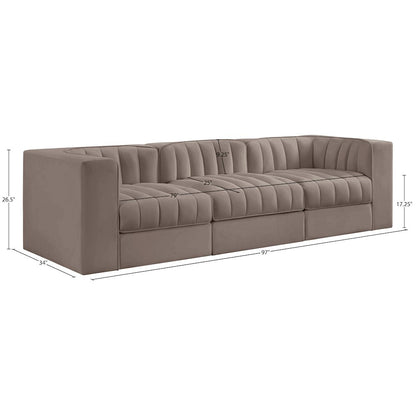 Rummi Taupe Velvet Performance Fabric Upholstered 3pc. Modular Sofa
