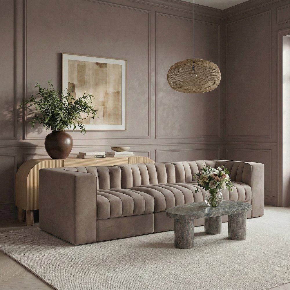 Rummi Taupe Velvet Performance Fabric Upholstered 3pc. Modular Sofa