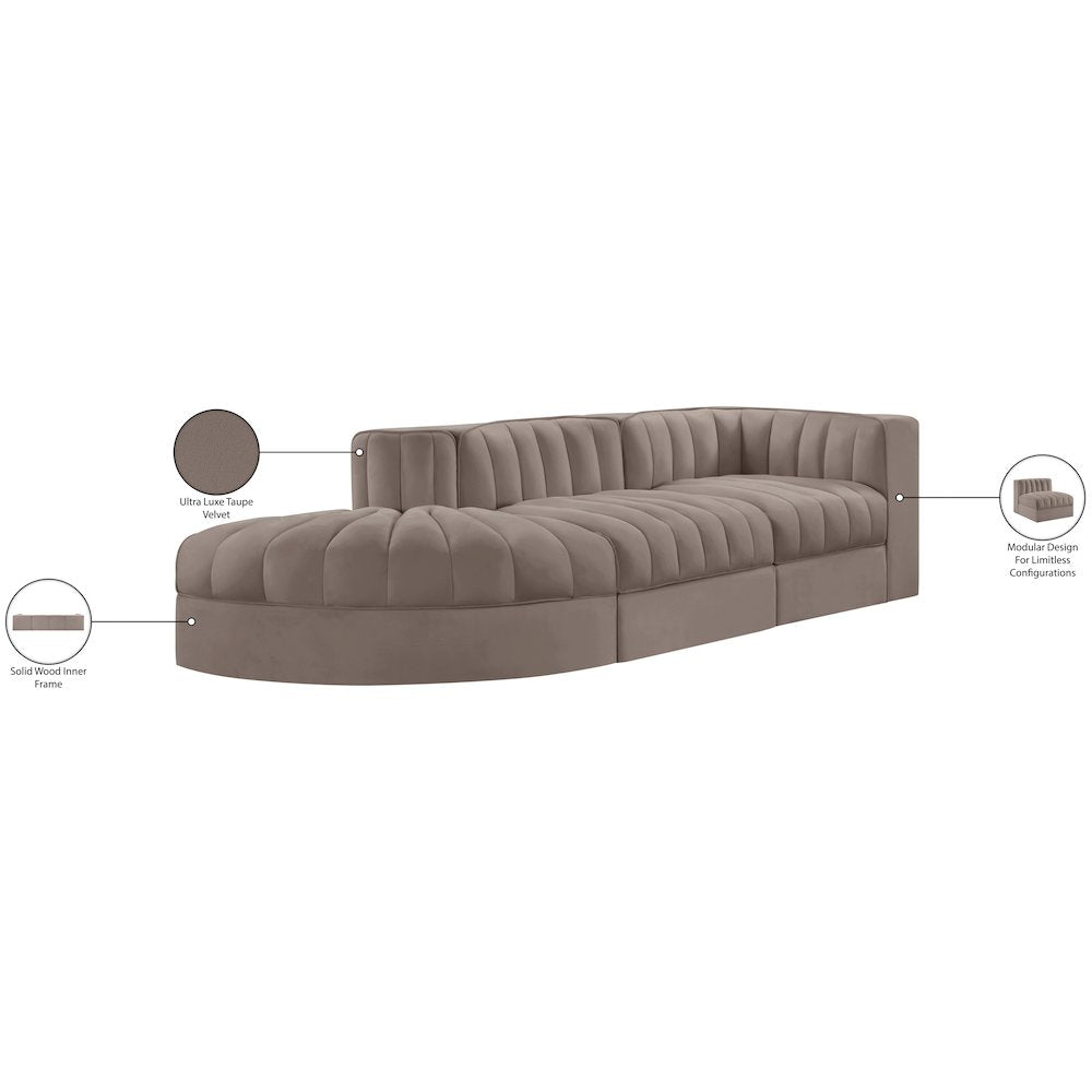 Rummi Taupe Velvet Performance Fabric Upholstered 3pc. Modular Sectional
