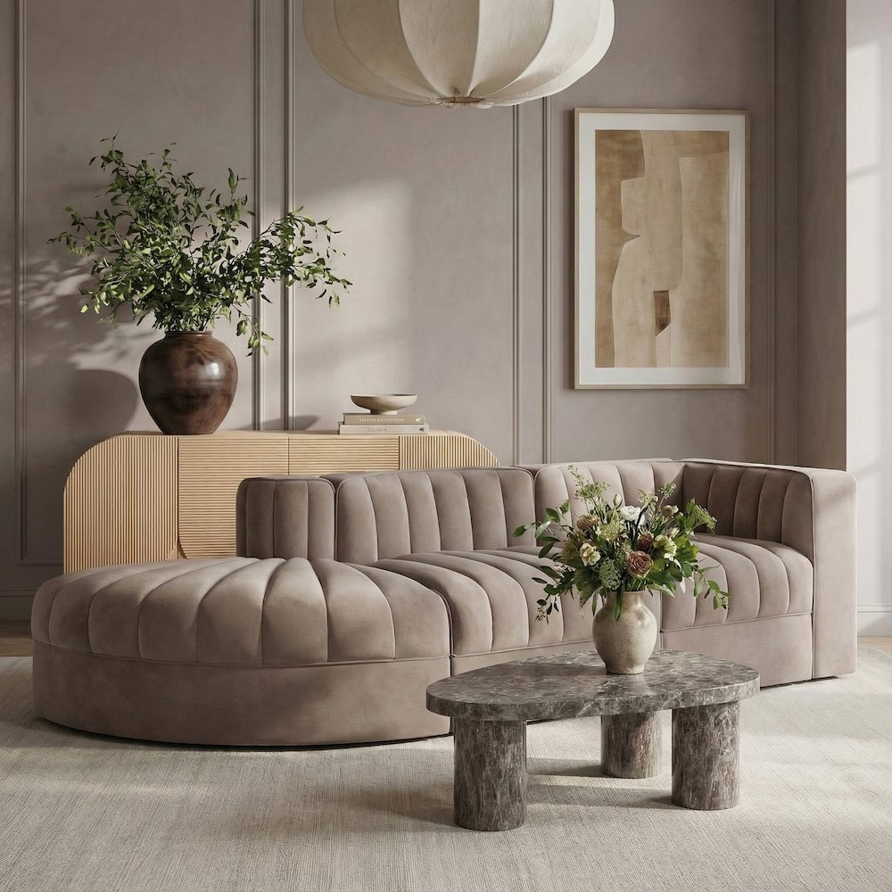 Rummi Taupe Velvet Performance Fabric Upholstered 3pc. Modular Sectional